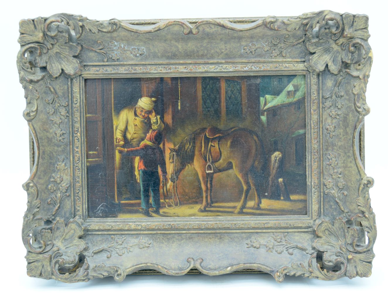 A small framed 19th century Dutch school oil on board depicting a child with a horse in a street sc