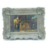 A small framed 19th century Dutch school oil on board depicting a child with a horse in a street sc