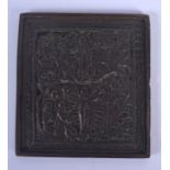 AN 18TH CENTURY RUSSIAN BRONZE SQUARE FORM ICON decorated with saints. 8.5 cm square.