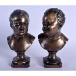 A PAIR OF 19TH CENTURY FRENCH BRONZE FIGURES OF HOWLING CHILDREN modelled upon a square base. 19 cm