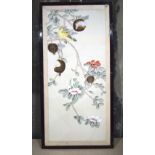 A framed Chinese watercolour on parchment of birds in a fruit tree 80 x 35cm.
