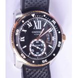 A GOOD LARGE CARTIER FULL SET STAINLESS STEEL AND GOLD DIVERS WRISTWATCH with original leather stra