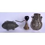 A 19TH CENTURY MUGHAL ISLAMIC INDIAN FLASK together with two others. Largest 14 cm high. (3)