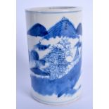 A 19TH CENTURY CHINESE BLUE AND WHITE PORCELAIN BRUSH POT BITONG Qing, painted with landscapes. 11 c
