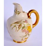 Royal Worcester flat back jug painted with flowers on a blush ivory ground date code 1892. 13.5cm h
