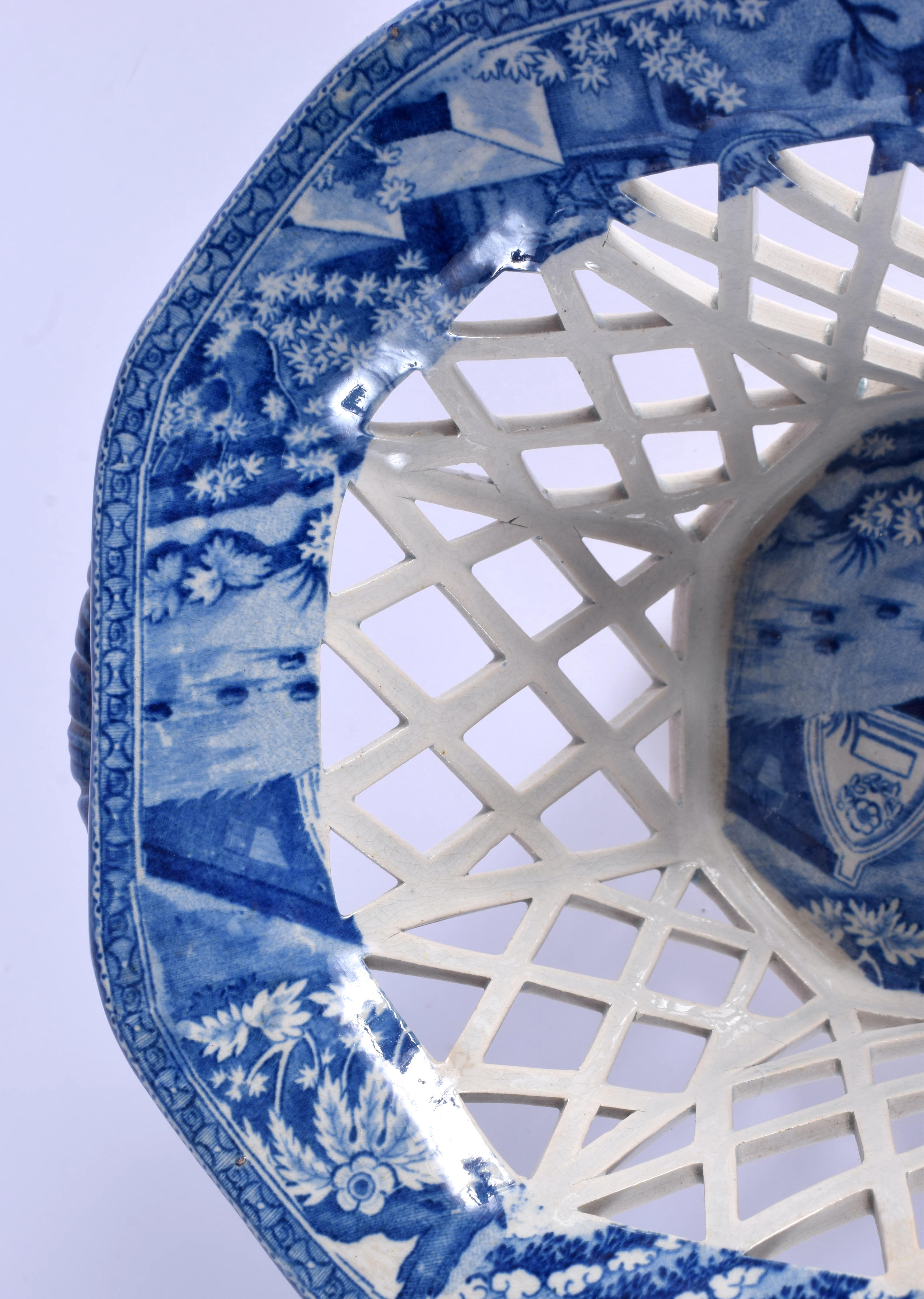 A RARE 19TH CENTURY SPODE BLUE AND WHITE CHESTNUT BASKET on stand, decorated to the interior unusual - Image 4 of 8