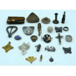 A miscellaneous collection , South American pottery stamp,, various metallic items of interest etc