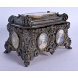 A 19TH CENTURY CONTINENTAL BRONZE AND IVORY PAINTED CASKET decorated with portrait miniatures and st