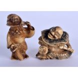 A 19TH CENTURY JAPANESE MEIJI PERIOD CARVED IVORY NETSUKE together with another. Largest 3.5 cm x 3.