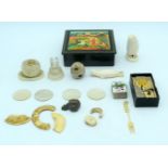 Miscellaneous collection of Ivory animals/items, MOP pendants, lacquered box etc. Qty.