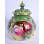 Royal Worcester pot pourri vase and cover painted with red roses under a green border 1910, shape 17