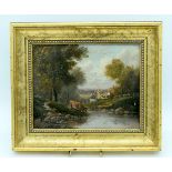 A framed 19th century Continental school Oil on board depicting a rural scene with cows grazing at a