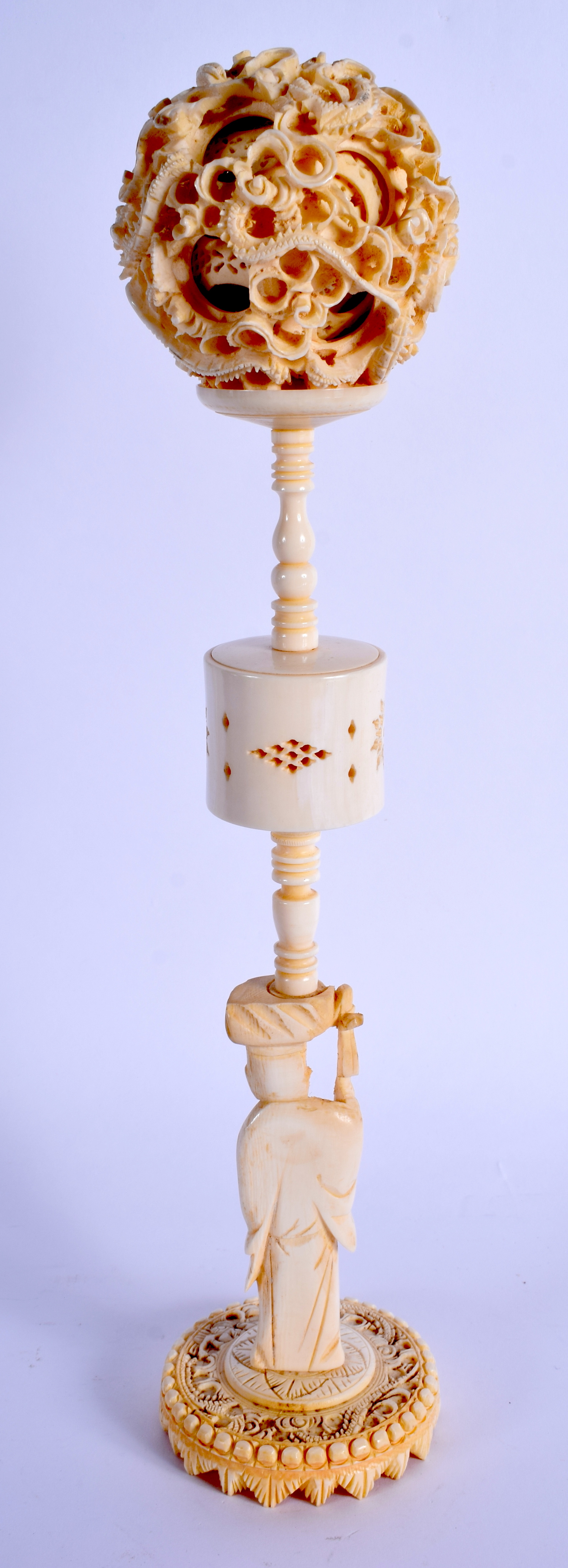 A 19TH CENTURY CHINESE CANTON BONE PUZZLE BALL ON STAND Qing. 30 cm high. - Image 2 of 6