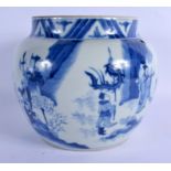 A CHINESE BLUE AND WHITE PORCELAIN JARDINIERE 20th Century, Kangxi style, painted with warriors with