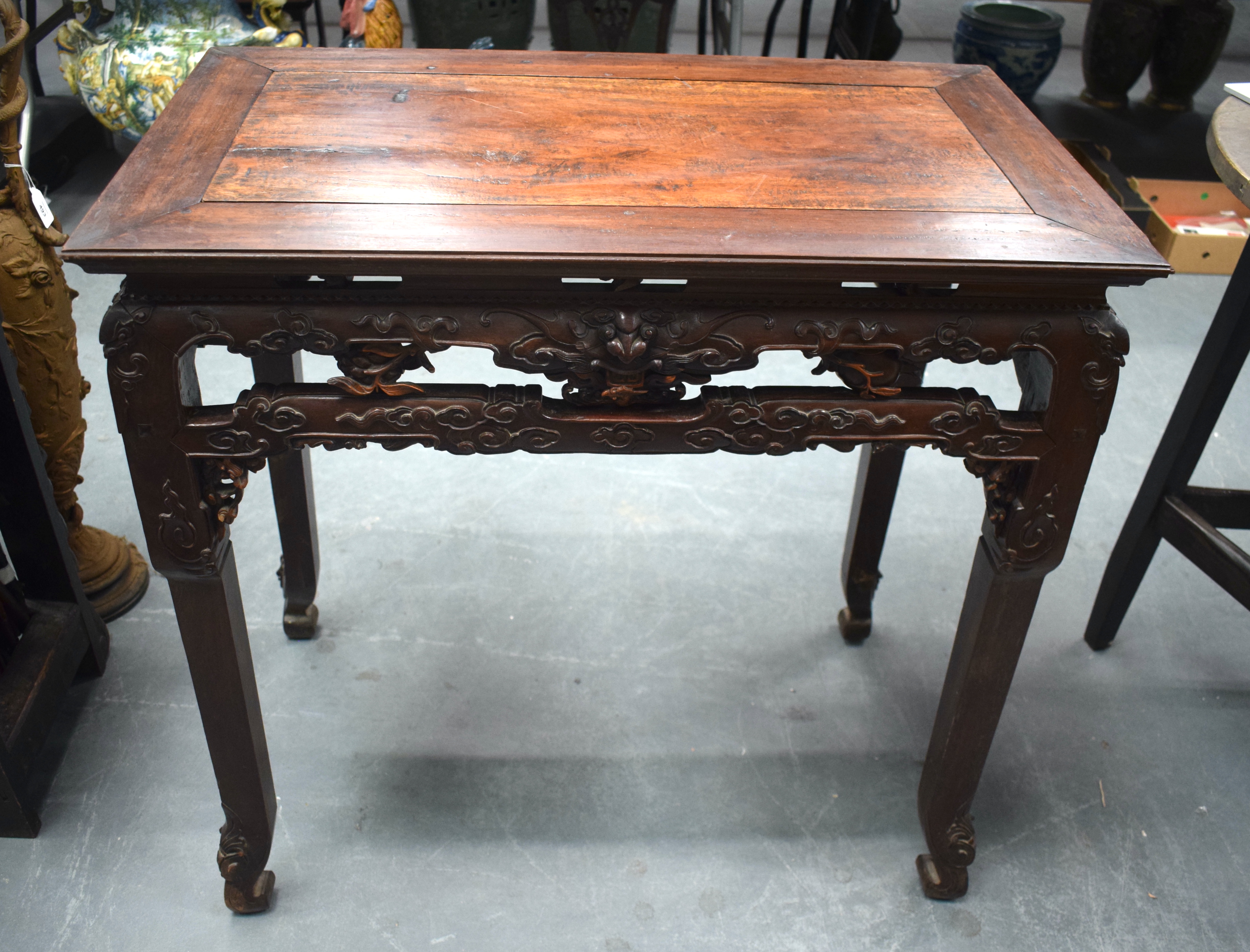 A FINE 19TH CENTURY CHINESE CARVED HONGMU HARDWOOD TABLE Qing, carved with mask heads and extensive - Image 6 of 8
