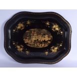 AN EARLY 19TH CENTURY CHINESE EXPORT BLACK LACQUER TRAY Qing, painted with landscapes and floral spr