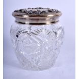 A LARGE VINTAGE SILVER TOPPED CUT CRYSTAL POWDER JAR AND COVER. 16 cm x 13 cm.