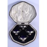 A CASED SET OF ART DECO SILVER SALTS. London 1919. Silver 193 grams. 4 cm x 8 cm. (4)