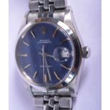A BOXED VINTAGE ROLEX BLUE DIAL OYSTER DATE STAINLESS STEEL PRECISION WRISTWATCH with stainless stra