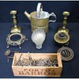 Collection of metal/brass items lamp fittings, candlesticks , watering can, keys etc Qty .