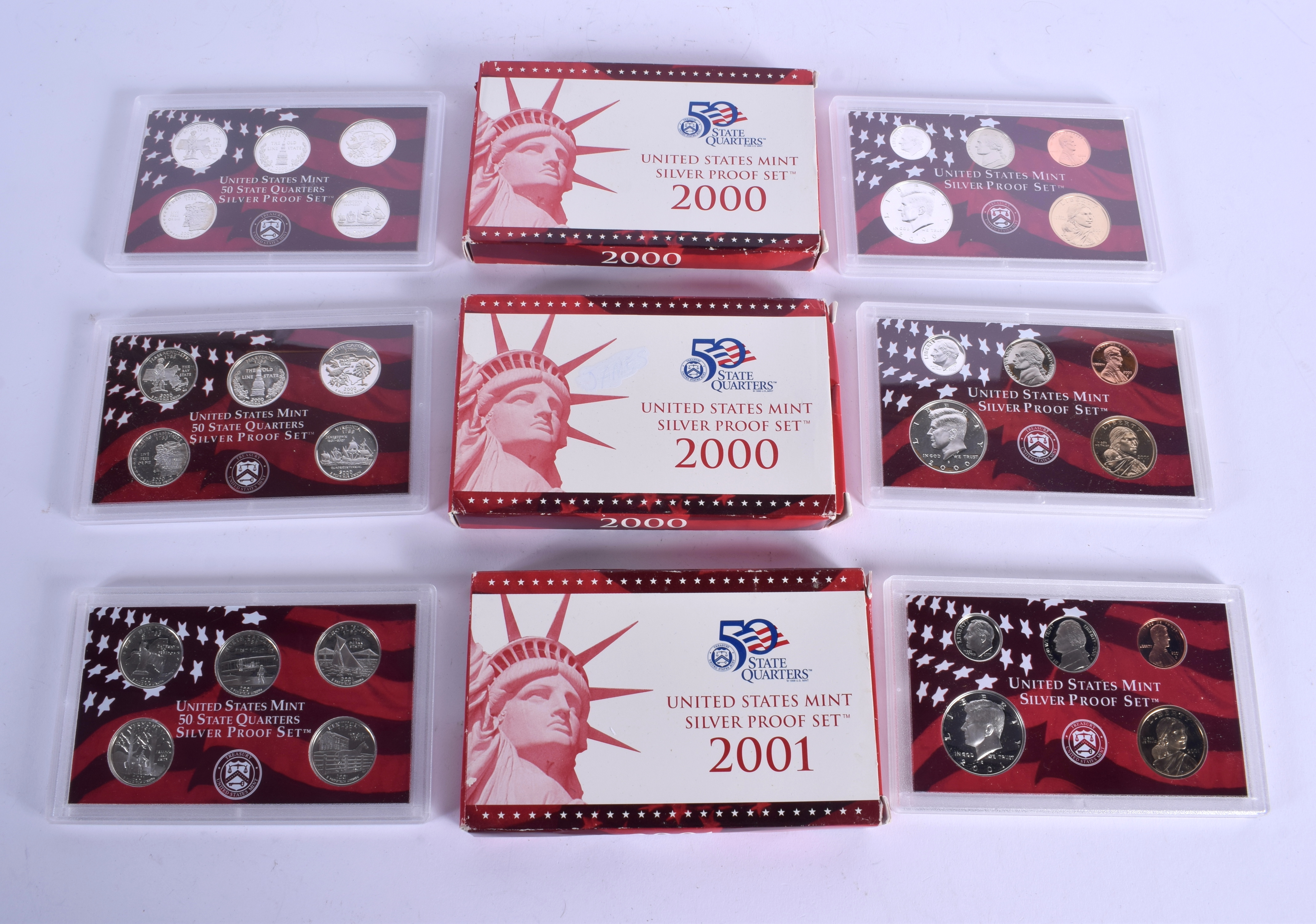 THREE BOXED AMERICAN SILVER PROOF COIN SETS. (3)