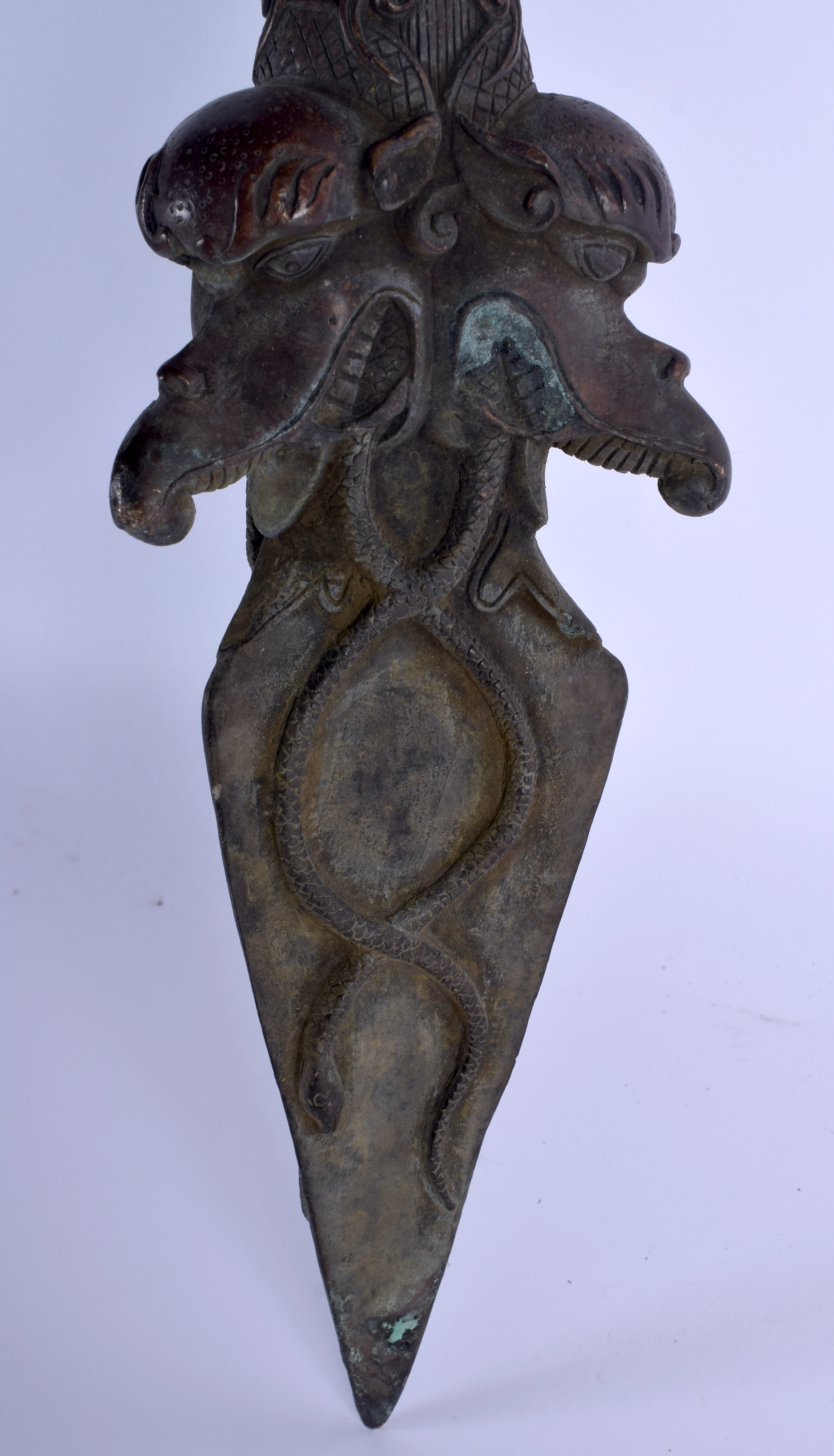A LARGE CHINESE TIBETAN BRONZE PHURBA modelled with buddhistic mask heads. 60 cm long. - Image 3 of 5