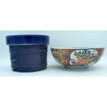 A large Japanese Imari bowl and unusual lidded pot probably Japanese . Bowl 28 x 10cm (2)Chip to bow