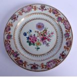 AN UNUSUAL 18TH CENTURY CHINESE EXPORT FAMILLE ROSE PLATE Qianlong, with rare puce landscape panels