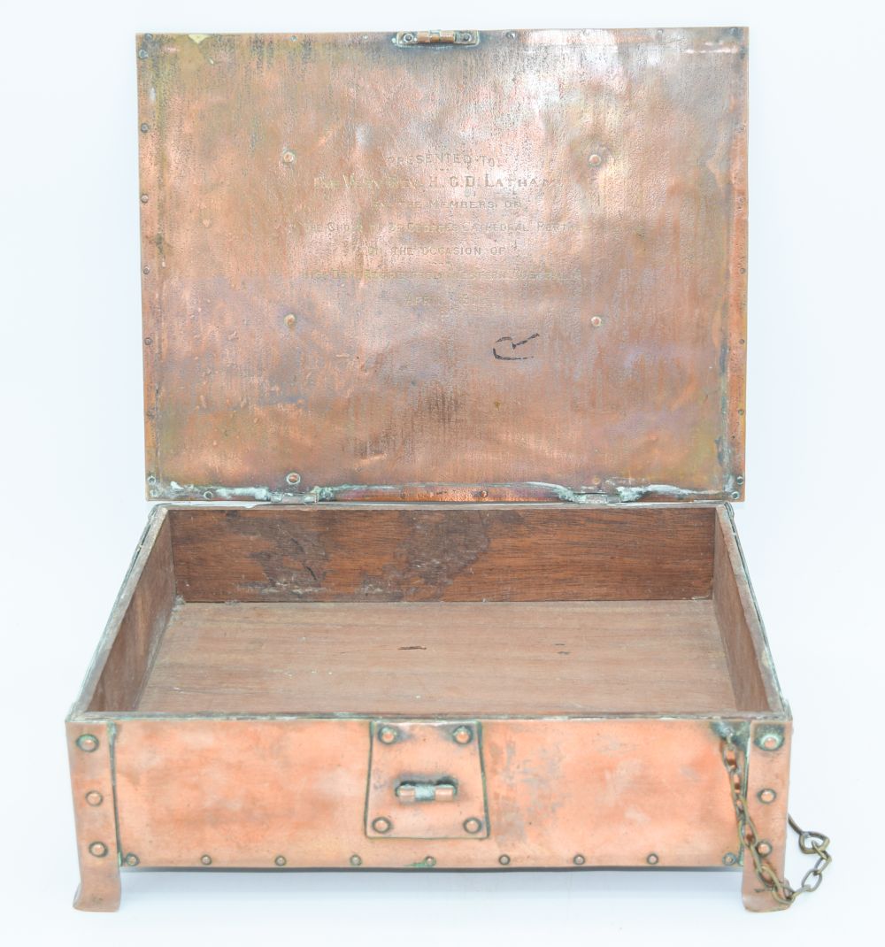 An Australian hand crafted copper engraved box, dated 1911 presented to Rev Henry Latham 22 x 9 cm - Image 5 of 8