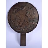 A 19TH CENTURY JAPANESE MEIJI PERIOD BRONZE HAND MIRROR decorated with birds and landscapes. 33 cm x