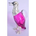 A SILVER PLATED CRANBERRY GLASS DUCK CLARET JUG. 27 cm high.