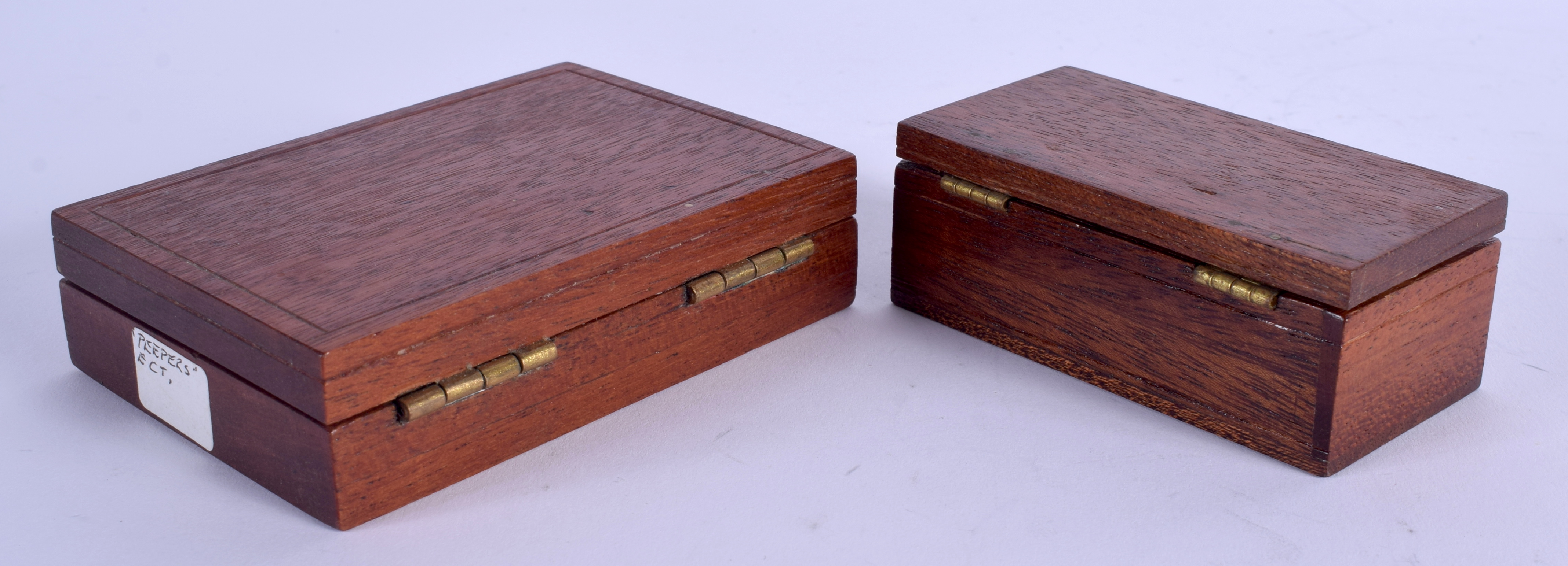 TWO LOVELY ANTIQUE MINIATURE TREEN BOXES containing miniature artefacts, including a magnifying glas - Image 3 of 3