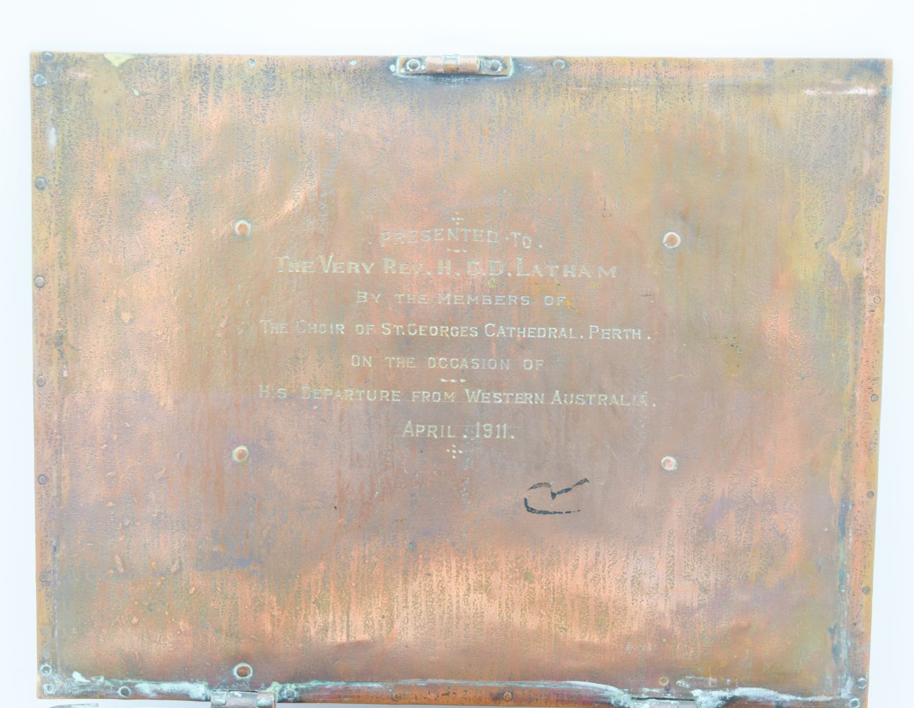 An Australian hand crafted copper engraved box, dated 1911 presented to Rev Henry Latham 22 x 9 cm - Image 6 of 8