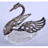 A VINTAGE SILVER AND CRYSTAL GLASS SWAN. 476 grams overall. 12 cm x 13 cm.