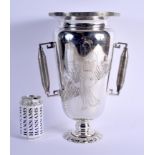 A 19TH CENTURY JAPANESE MEIJI PERIOD SILVER AND GOLD INLAID TWIN HANDLE VASE incised with a geisha w