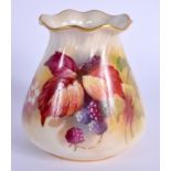 Royal Worcester sack shaped vase with pie crust rim painted with autumnal leaves and berries by Kitt