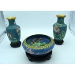 Cloisonne Enamel Censer with stand and two Cloisonne vases with stands 24 x 7cm (3)