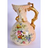 Royal Worcester coral handled jug painted with flowers on a blush ivory ground, date code 1901, shap