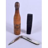 AN ANTIQUE JERUSALEM OLIVEWOOD COMBINATION BOX together with a silver fruit knife. Largest 12 cm lon