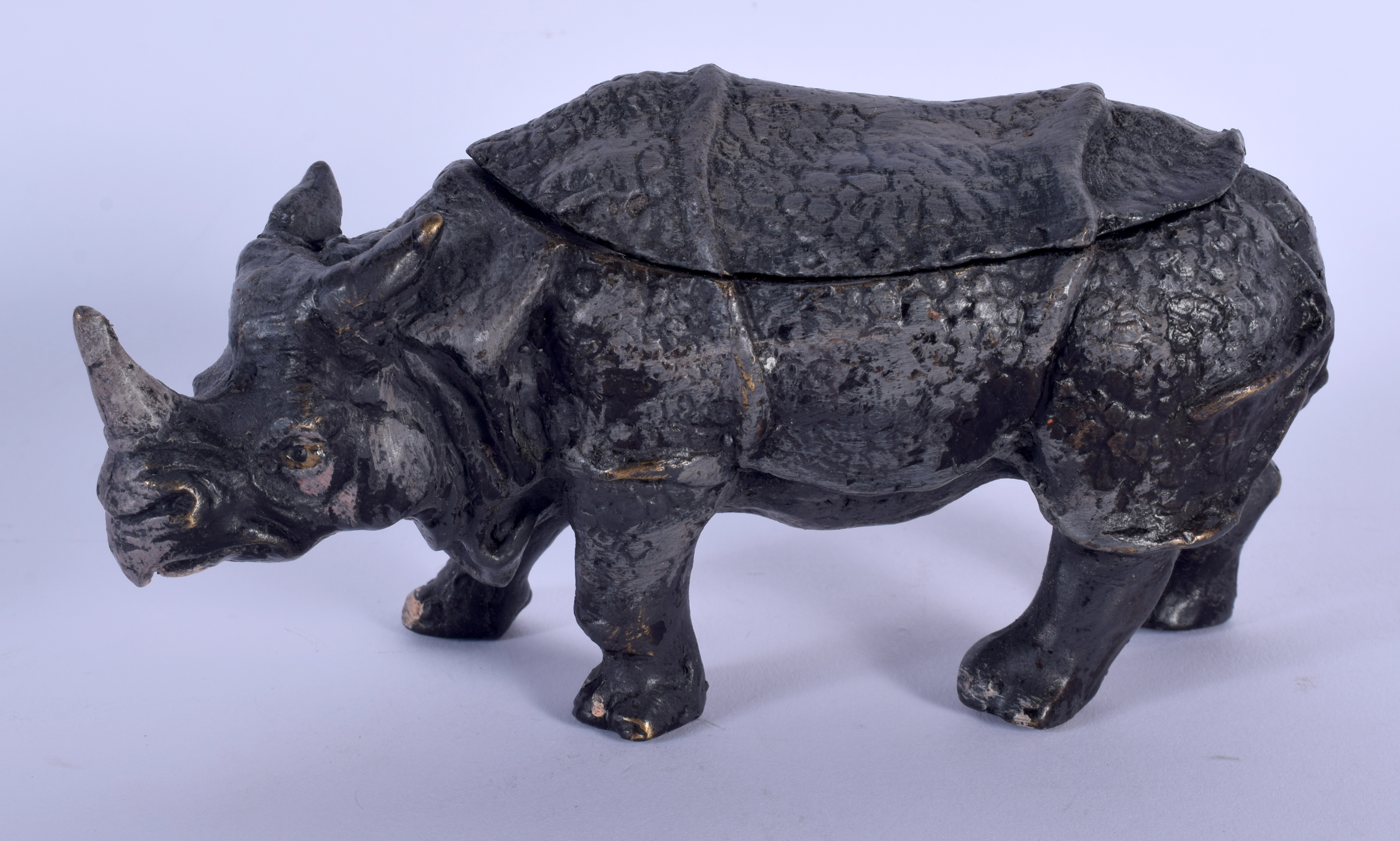 A CONTEMPORARY COLD PAINTED BRONZE RHINOCEROS INKWELL. 15 cm x 9 cm.