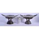 A PAIR OF 19TH CENTURY CHINESE EXPORT TWIN HANDLED SILVER TAZZA Attributed to Wang Hing, decorated w
