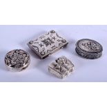 FOUR CONTINENTAL SILVER BOXES. 64 grams. Largest 4.5 cm x 3.5 cm.