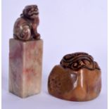 TWO CHINESE CARVED SOAPSTONE SEALS 20th Century. Largest 9 cm high. (2)