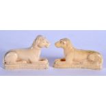 A VERY RARE PAIR OF LATE 18TH CENTURY MUGHAL CARVED IVORY DOGS C1790 modelled upon shaped bases. 5 c