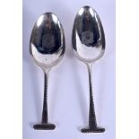 A PAIR OF EARLY SILVER MASONIC SPOONS. 77 grams. 16 cm x 4.5 cm.
