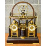 A CONTEMPORARY INDUSTRIAL BRONZE STEAM ENGINE CLOCK upon a wooden the plinth. 70 cm x 40 cm.