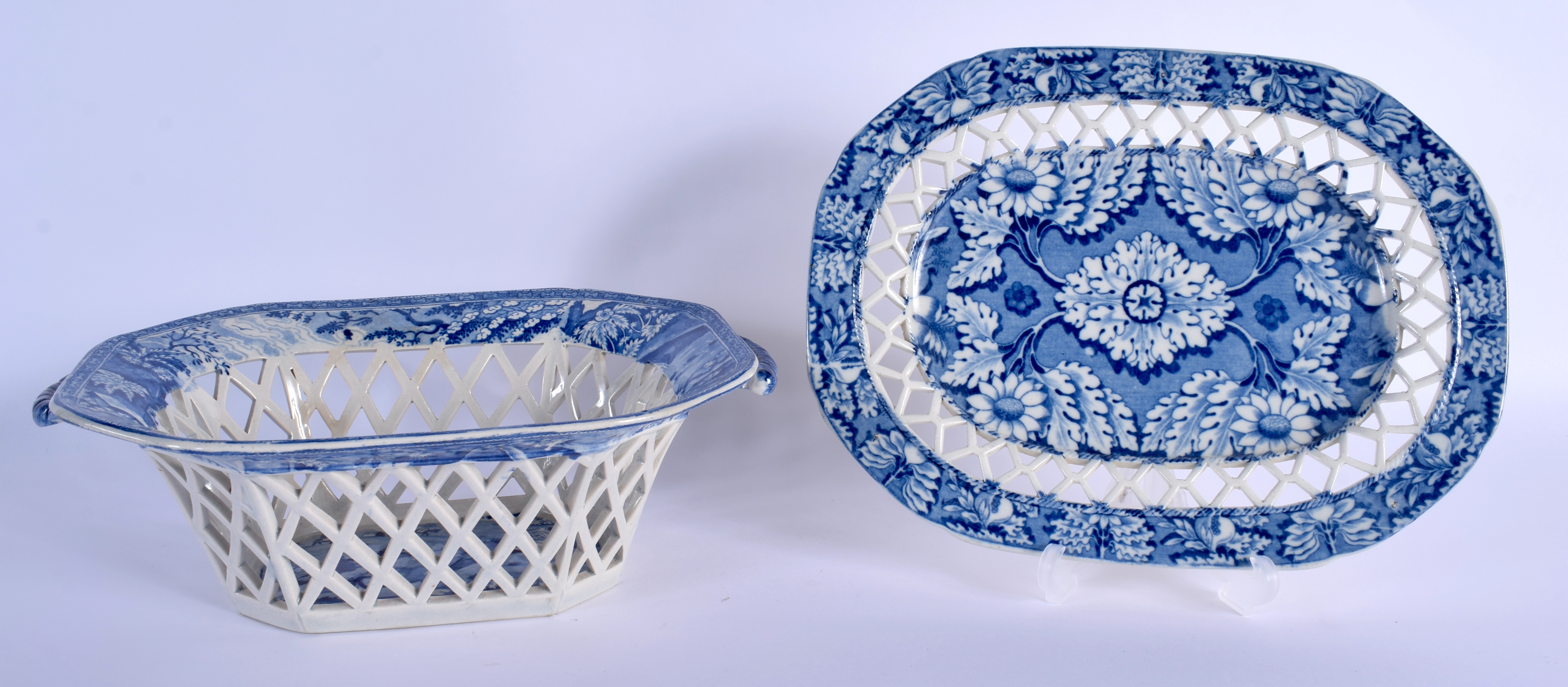 A RARE 19TH CENTURY SPODE BLUE AND WHITE CHESTNUT BASKET on stand, decorated to the interior unusual