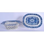 A RARE 19TH CENTURY SPODE BLUE AND WHITE CHESTNUT BASKET on stand, decorated to the interior unusual