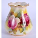Royal Worcester sack shaped vase with pie crust rim painted with pink and red roses by Millie Hunt,