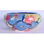 AN ART DECO CLARICE CLIFF BIZARRE POTTERY BOWL painted with blue and pink flowers. 17 cm diameter.